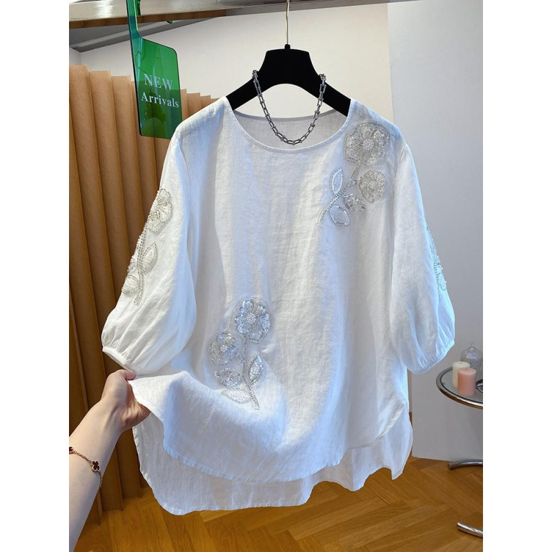 High-End Cotton Beaded Top for Women, 2026 New Style, Loose Pullover, Lazy Style, Three-Quarter Sleeve Shirt for Summer High-End Cotton Beaded Top for Women, 2026 New Style, Loose Pullover, Lazy Style, Three-Quarter Sleeve Shirt for Summer