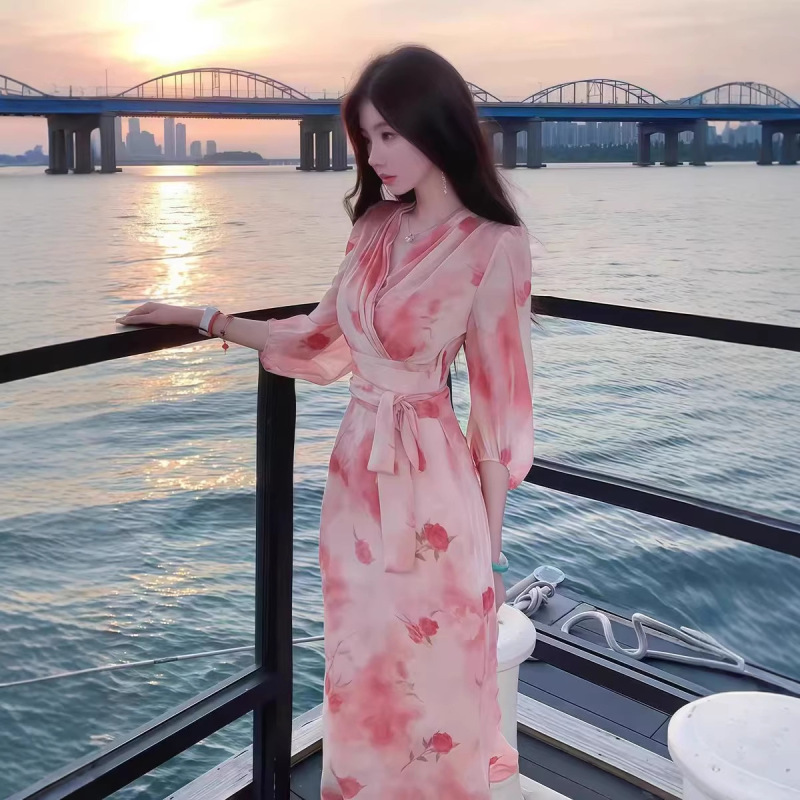 Beach Resort Style Pink Printed Dress, Summer Fashion, French Style, Unique and Beautiful French Lace-Up Long Dress Beach Resort Style Pink Printed Dress, Summer Fashion, French Style, Unique and Beautiful French Lace-Up Long Dress
