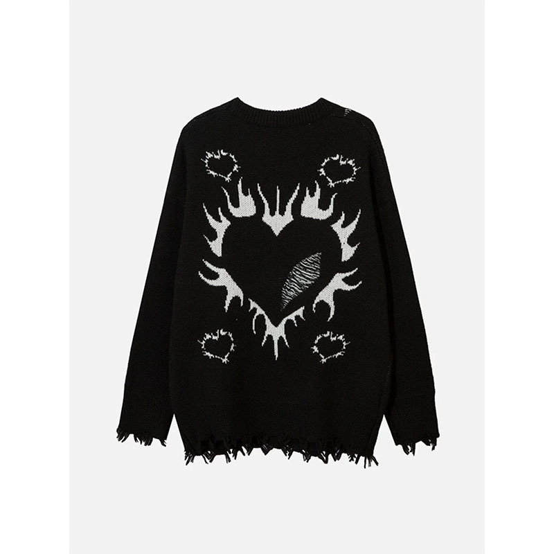 Herrenbekleidung Mode Retro Hip Hop lockerer Freizeitpullover Herzförmiger Flammenloch-Jacquardpullover Herren- und Damenoberteile_voghion.com