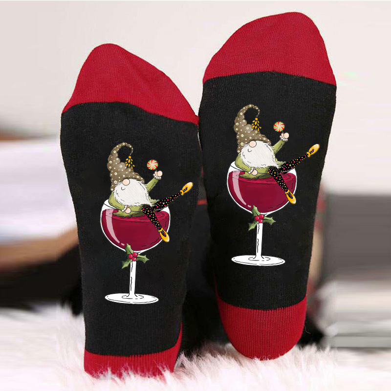 Calcetines de algodón transfronterizos de otoño e invierno para hombres y mujeres copa de vino tinto personalizada calcetines casuales de media pantorrilla ins medias transpirables a juego de colores de moda al por mayor