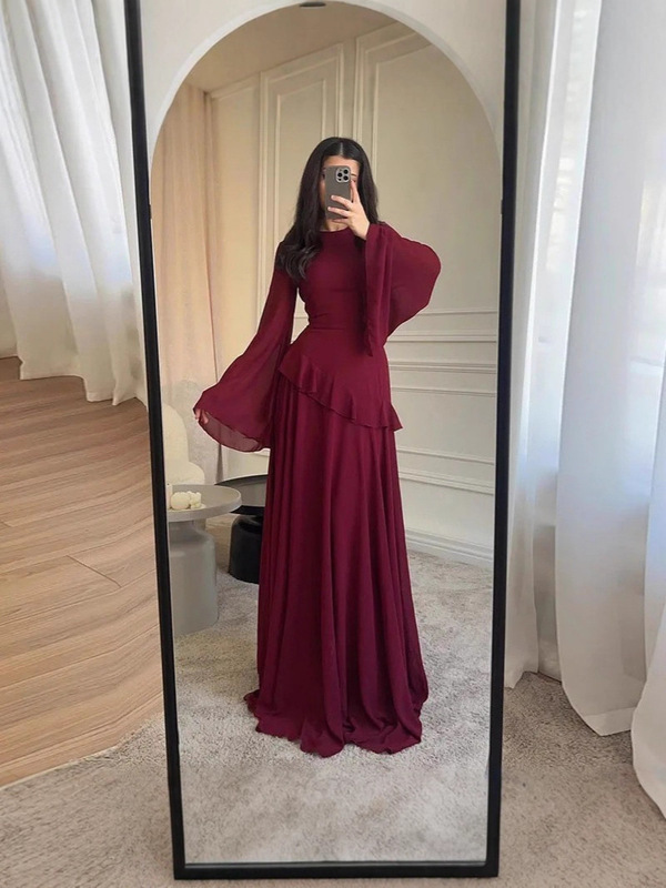 欧美跨境2025新款褶皱长裙女装修身o型领收腰晚礼服时尚连衣裙|undefined