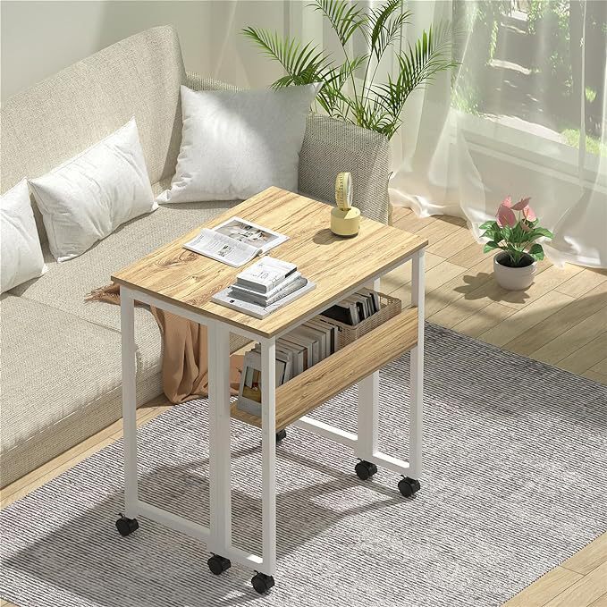 Folding Table Small Rolling Table with Storage Rack Foldable Computer Table with Wheels Suitable for Small Space Easy to Assemble