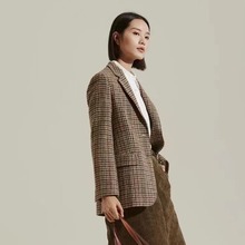 Max家23秋冬新款 咖色千鸟格格纹单排两粒扣羊毛西装外套女