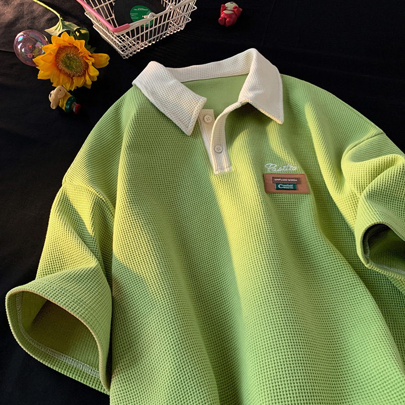キャンパス風poloシャツ男半袖夏衝突色ワッフル上着日系学生百合シンプル有襟tシャツ|undefined