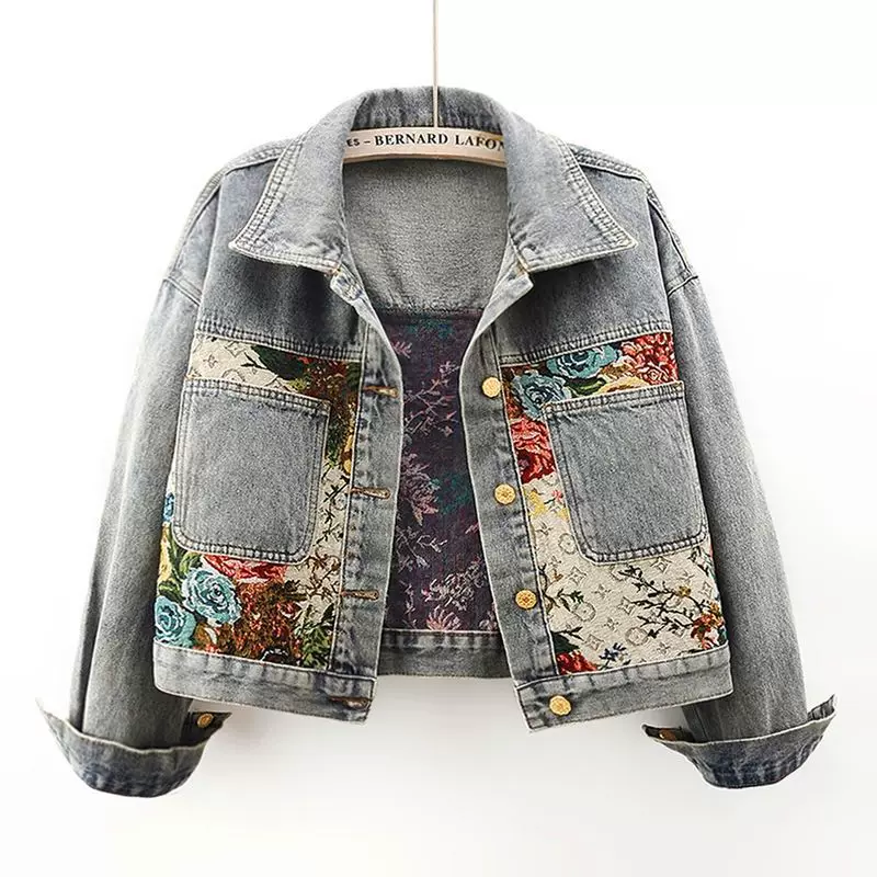 Denim short jacket, oversized loose fit with floral patchwork, cropped style