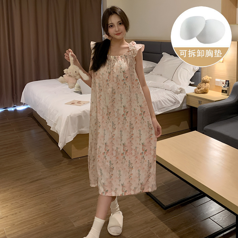 Pijama de verano, vestido de mujer, nuevo estilo con cojín de pecho, flores dulces, estudiantes, pijamas caseros, cabello de acento