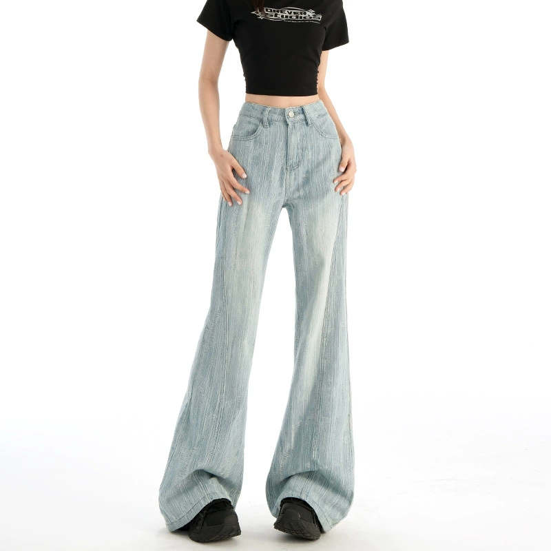2025 Летние ретро джинсовые брюки женские корейские версии с высокой талией дизайн жаккардовый стиль широкая нога труба