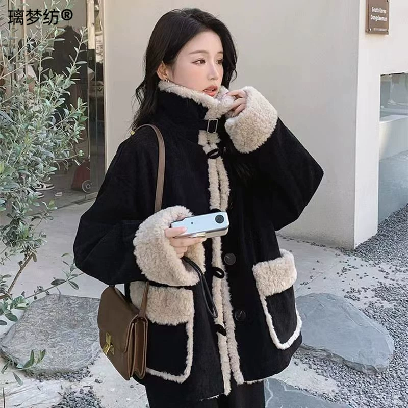 Quilted corduroy demi‑season jacket, plus size, Chanel style, increased thickness, black/white