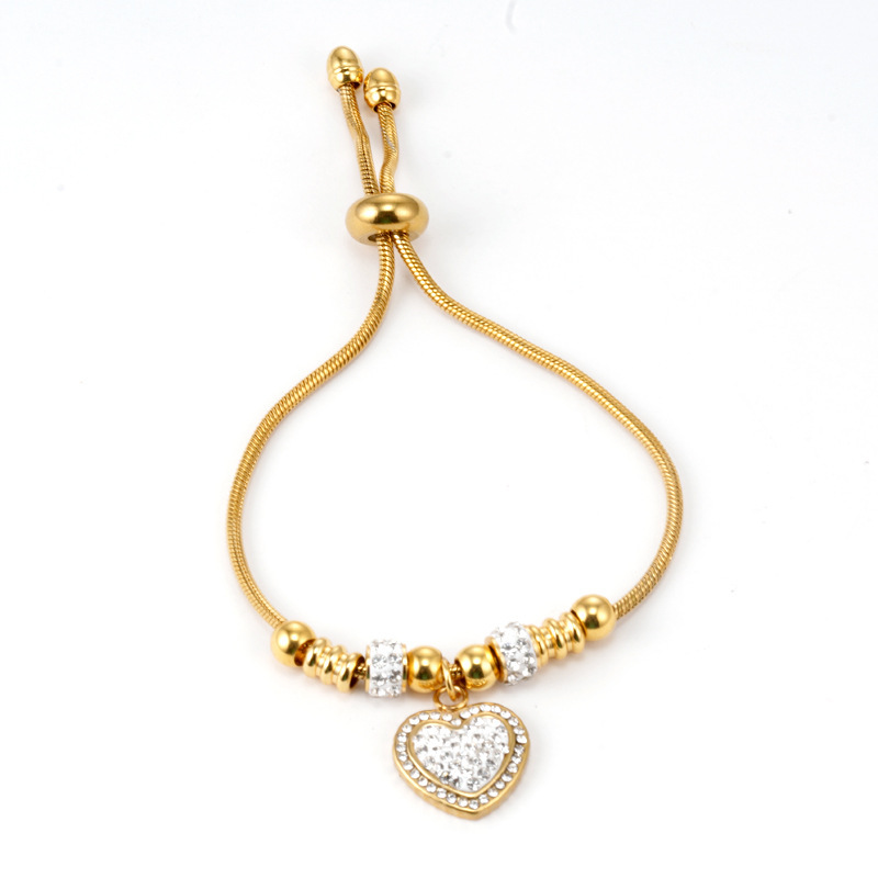 Cross-Border 18K gold clay heart-shaped diamond-encrusted stainless steel bracelet size European and American adjustable snake bone chain titanium steel bracelet