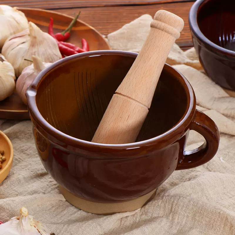冲辣椒的雷钵擂茶钵老式土擂钵家用舂钵捣蒜锤大擂陶瓷家用捣蒜器