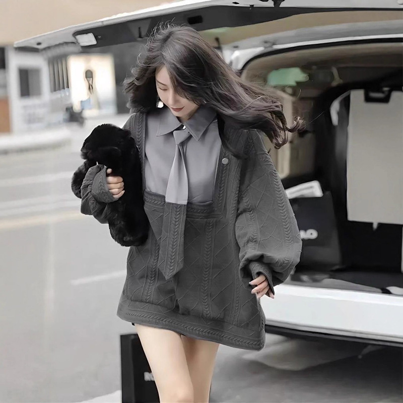 Fake Two-piece Grey Lazy Style Sweat Women's Autumn and Winter 2024 New Style POLO Collar Outer Wear Design Tie Top Trendy