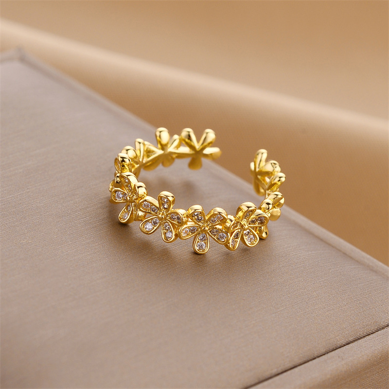 4g Weight Zircon Inlay Material Fashion Flower Copper Plating Zircon Open Ring 1 Piece