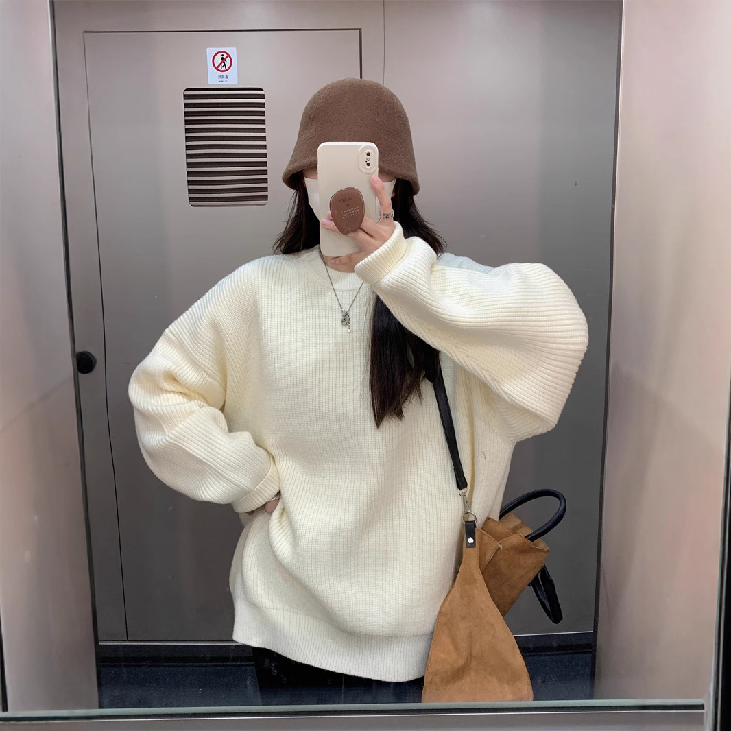 게으른 스타일 솔리드 컬러 소프트 왁스 스웨터 여성의 가을 및 겨울 착용 두꺼운 느슨한 캐주얼 내베이스 니트 탑 라운드 넥