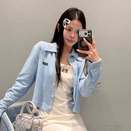 MIU系~南油女装26新款蓝白格韩系清新外套少女感短款字母减龄开衫