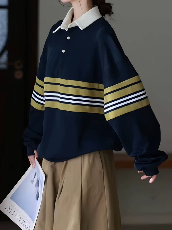 原品女装秋季新品慵懒风条纹翻领长袖卫衣显瘦减龄纯棉上衣|undefined