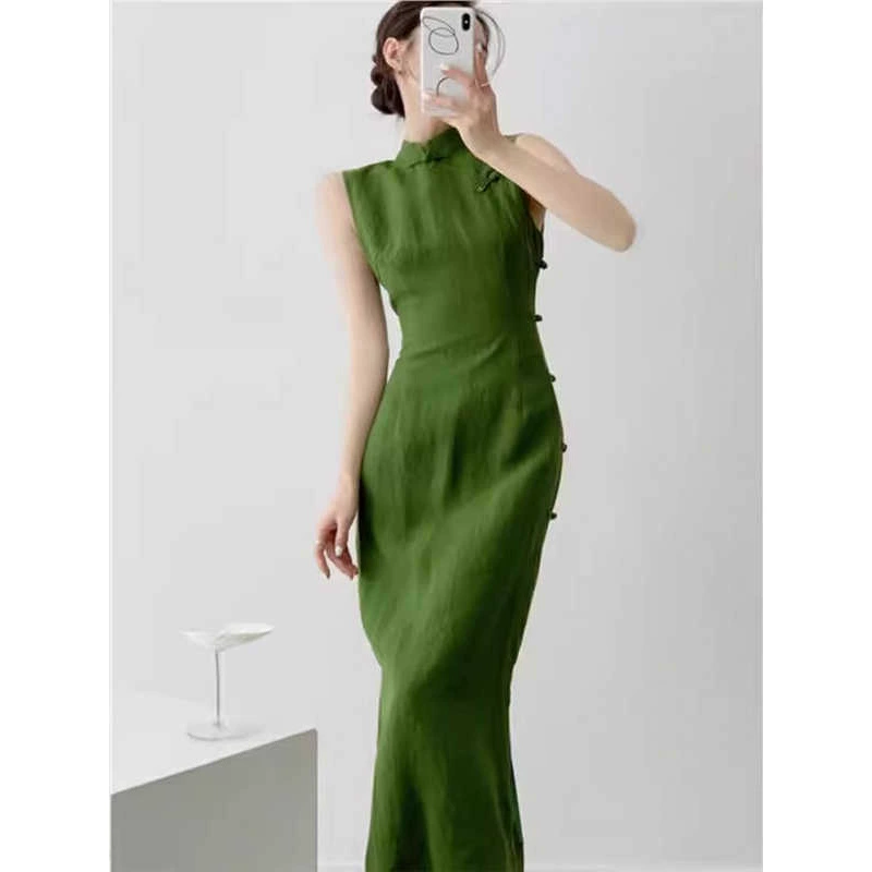 Новое китайское зелёное платье для женщин лето 2025, элегантное, высококачественное, без рукавов, с поясом, повседневное длинное платье-чонсам