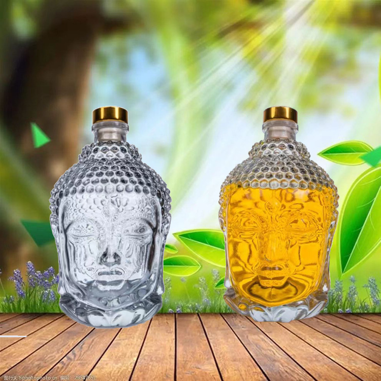 批发750ml佛头玻璃酒瓶晶白料透明空酒瓶异形玻璃红酒瓶瓶盖