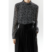 2026夏季女式立领黑色长袖印花气质通勤套头雪纺衬衫上衣通勤风