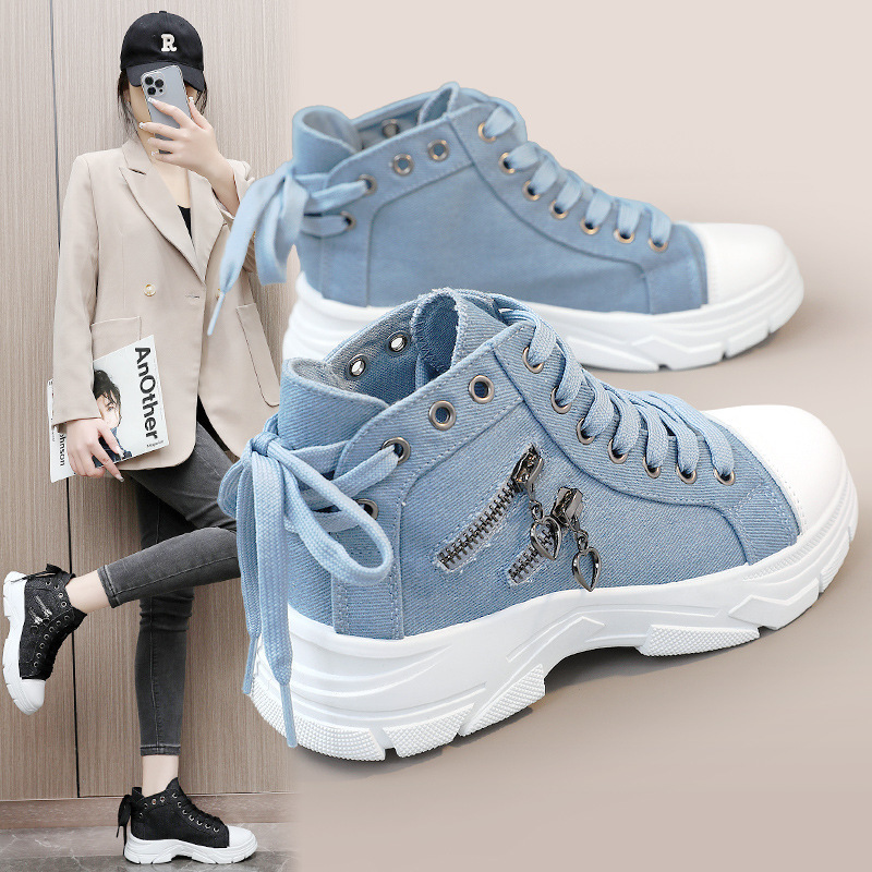 W2560 New Canvas High-Top Women's Shoes 2024 Spring and Summer Breathable Thick-Soled Height-Increasing Casual Shoes Martin Boots Sports Shoes