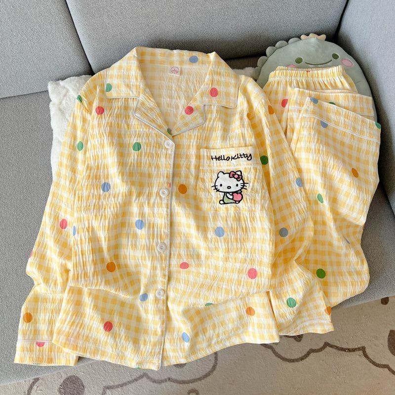 【Double Long Style】Cute Long-Sleeve Long-Pants Cartoon Cloud Cotton Cardigan Pajamas for Women, European Size, Suitable for Summer, Can Be Worn Outside, Two-Piece Set 【Double Long Style】Cute Long-Sleeve Long-Pants Cartoon Cloud Cotton Cardigan Pajamas for Women, European Size, Suitable for Summer, Can Be Worn Outside, Two-Piece Set