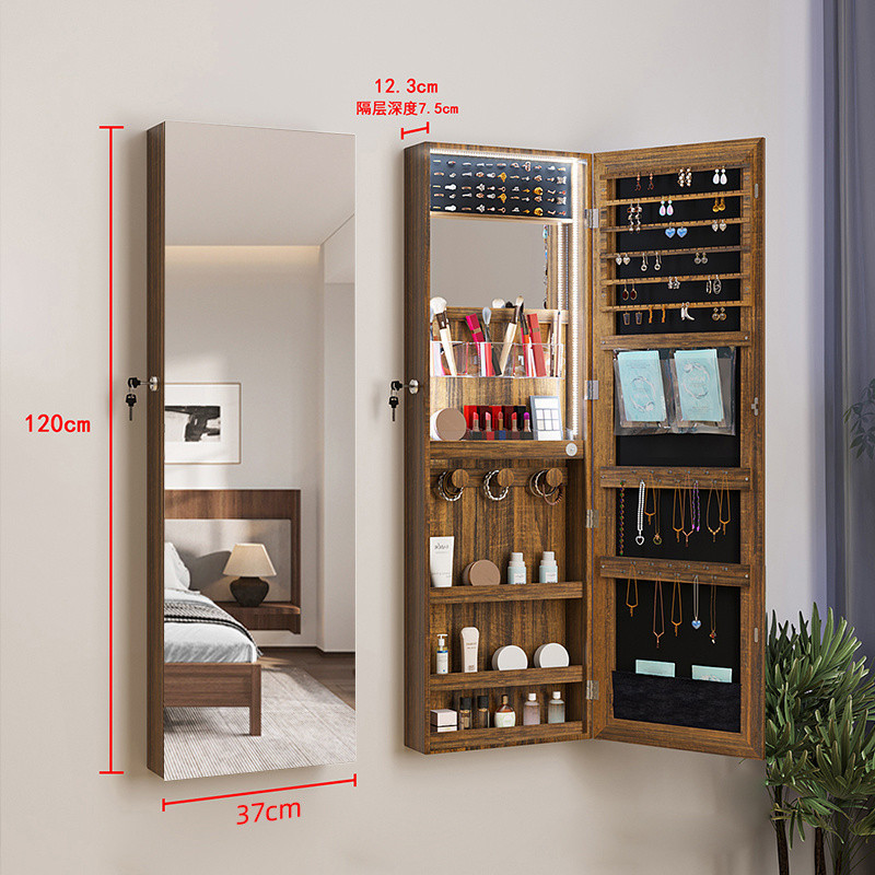 Espejo de piso con lámpara para almacenar espejo de vestir, espejo de cuerpo entero colgado en la pared, joyería doméstica multifuncional para almacenar detrás de la puerta del gabinete de espejo del dormitorio