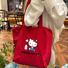 红色印花猫咪帆布包女大容量手提帆布袋学生书包外出通勤托特包