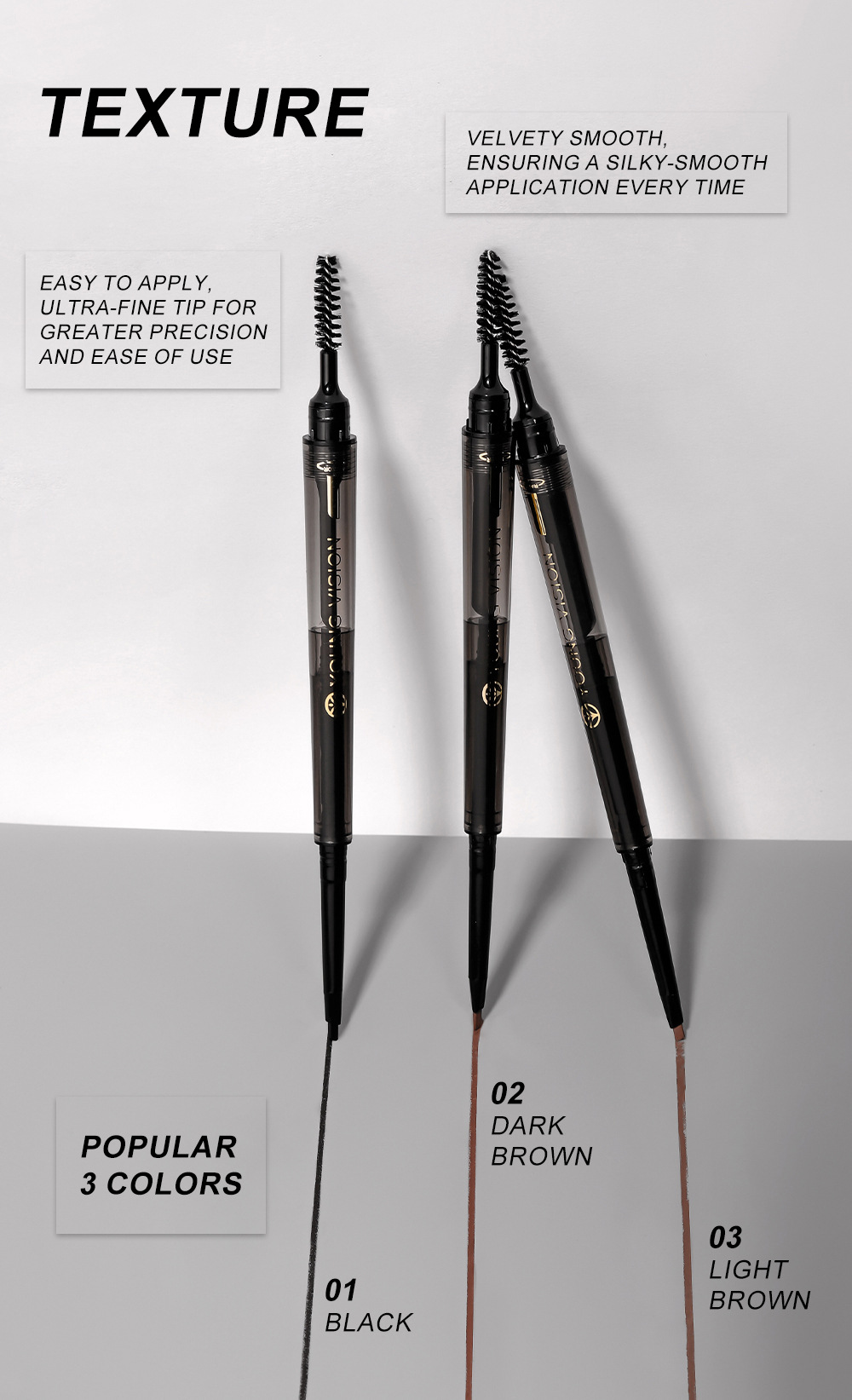 YOUNG VISION's foggy three-in-one eyebrow pencil is not prone to smudging. It features a fine and soft brush and eyebrow blade undefined