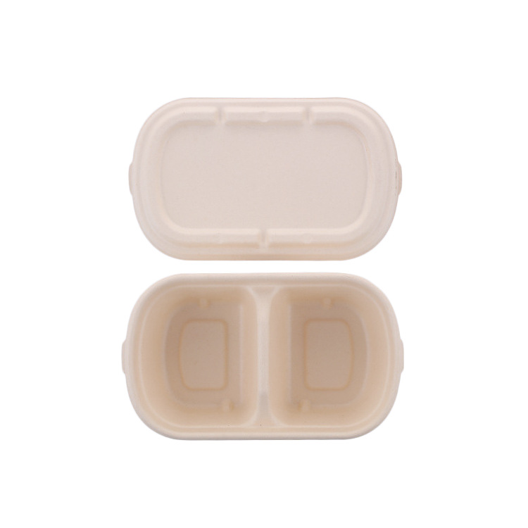 Caja de comida ligera, caja de empaque de picnic de ensalada, lonchera de pulpa de papel desechable, caja de doble rejilla para llevar degradable, cuando se puede calentar