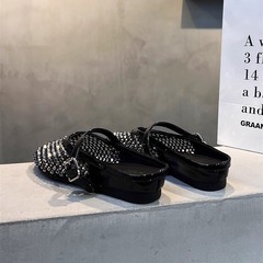 夏の外着ファッションネット糸水ドリル復古サンダル高級感小衆フランス気質包頭半スリッパ女