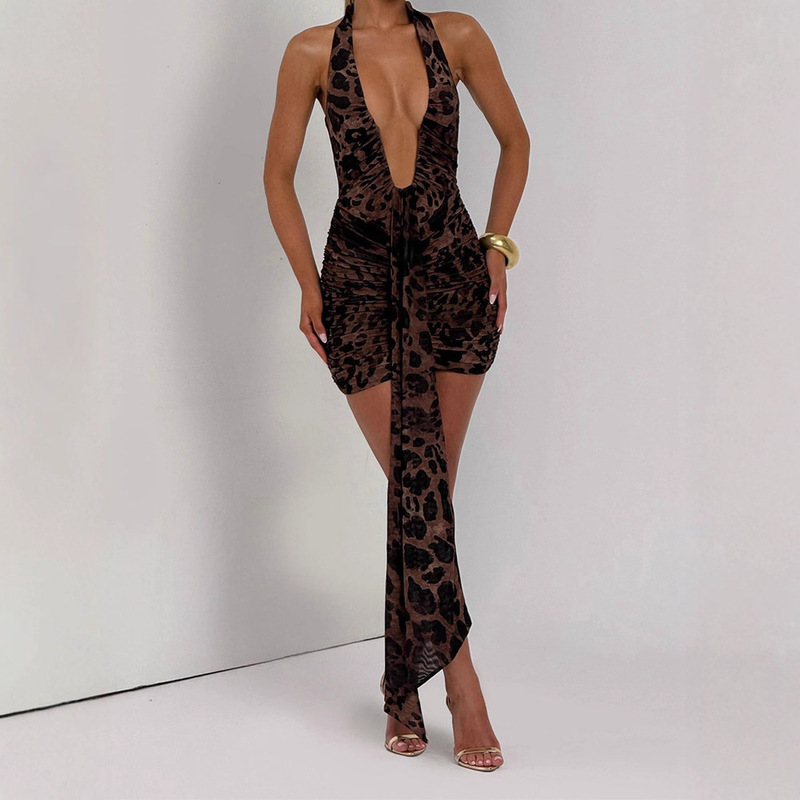 2025 Autumn New Fashion Sexy Bodycon Trendy Halter Neck Ribbon Decor Deep V-Neck Short Dress Y2K Clothing