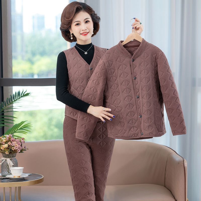 三件套保暖套装中年女装冬季新款蚕丝棉外穿高档棉服妈妈装两件套|undefined
