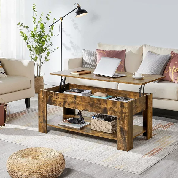 Cross-Border Exclusive Supply of Simple Living Room Household Solid Wood Adjustable Coffee Table with Vintage Tabletop and Storage Side Table