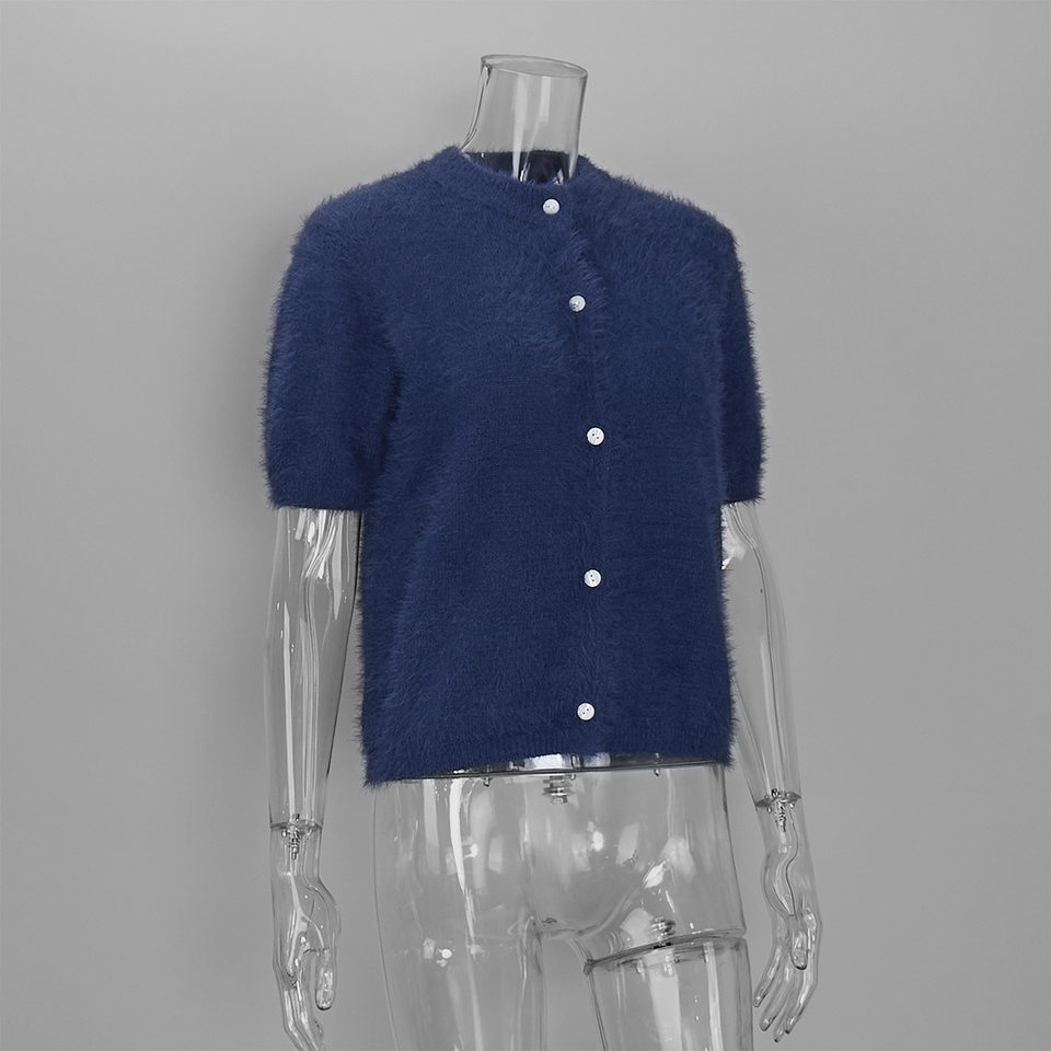 Áo cardigan dệt kim tay ngắn cổ bán cao ôm dáng phong cách retro — Màu hồng, Màu hồng cánh sen, Màu trắng, Màu tím chi tiết 51