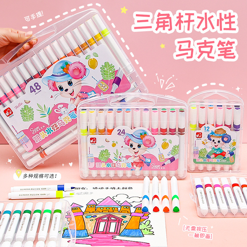Nuevo marcador a base de agua de gran capacidad para el arte de los niños de jardín de infantes 24 colores 48 colores pluma de color de cabeza suave al por mayor