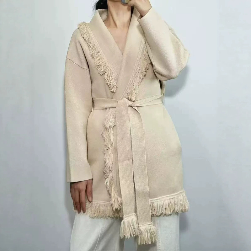Cross-border Nordic autumn and winter casual bathrobe-style apricot-colored cardigan with tassels and ties, loose-fitting mid-length sweater Cross-border Nordic autumn and winter casual bathrobe-style apricot-colored cardigan with tassels and ties, loose-fitting mid-length sweater