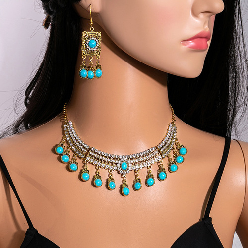 Vintage Exaggerated Water Diamond Necklace, Evening Dress Geometric Square Jewelry Set, Diamond Drop Earrings for Women