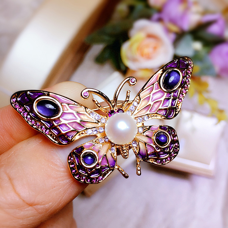 European and American enamel painted butterfly brooch, freshwater pearl opal pin, sweater chain dual use_voghion.com