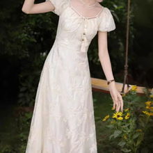 金禾 「白玉映沙」短袖连衣裙2024新款女夏季气质显瘦法式长裙