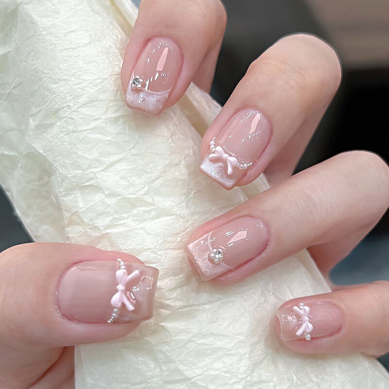 Cat Eye Powder French Polka Dot Bow Nail Art Girl's Wearable Nail Tips Finished Product Wholesale Nail Stickers Fake Nails