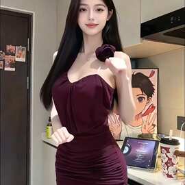 【人棉➕胸垫配饰花】性感纯欲紫色挂脖立体花朵无袖连衣裙夏季辣