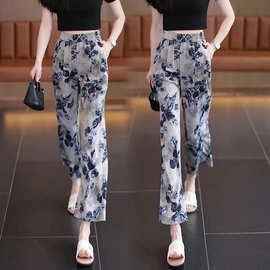 冰丝印花有口袋宽松阔腿裤女夏季薄款新款松紧腰气质直筒九分裤子