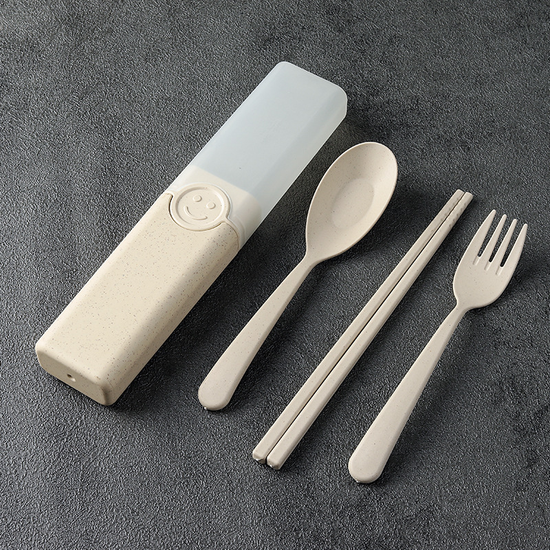 Cuchillo portátil, tenedor y cuchara conjunto de tres piezas de trigo estudiante de viaje palillos, tenedor y cuchara trabajo en caja Smiley vajilla traje logo