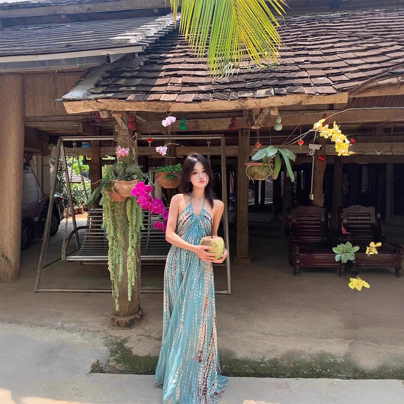 Xishuangbanna Thailand Retro Bohemian Halter Sling dress Women's Sexy Backless Seaside Holiday Dress
