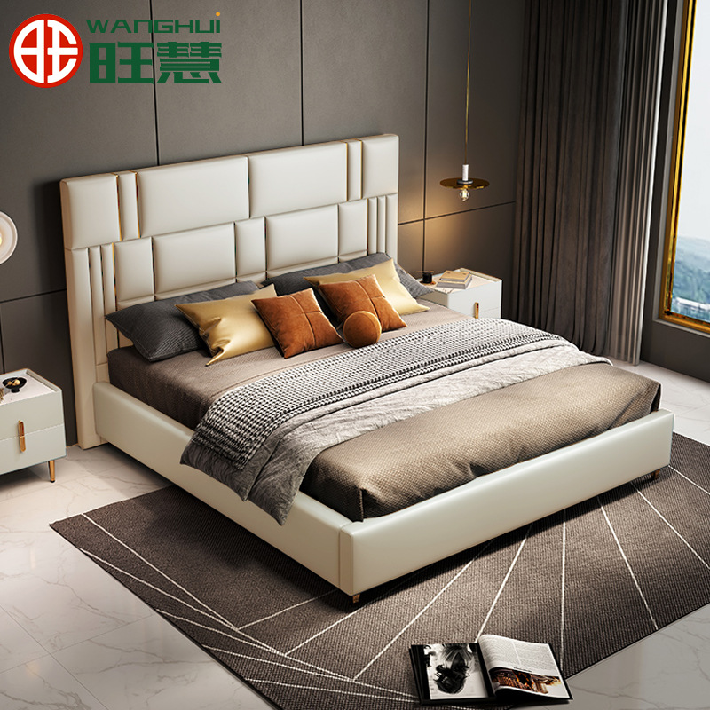 Italian Light extravagance Leather bed Postmodern Master Bedroom 1.8 Double bed Hong Kong style High-end Marriage bed villa Leather Big bed