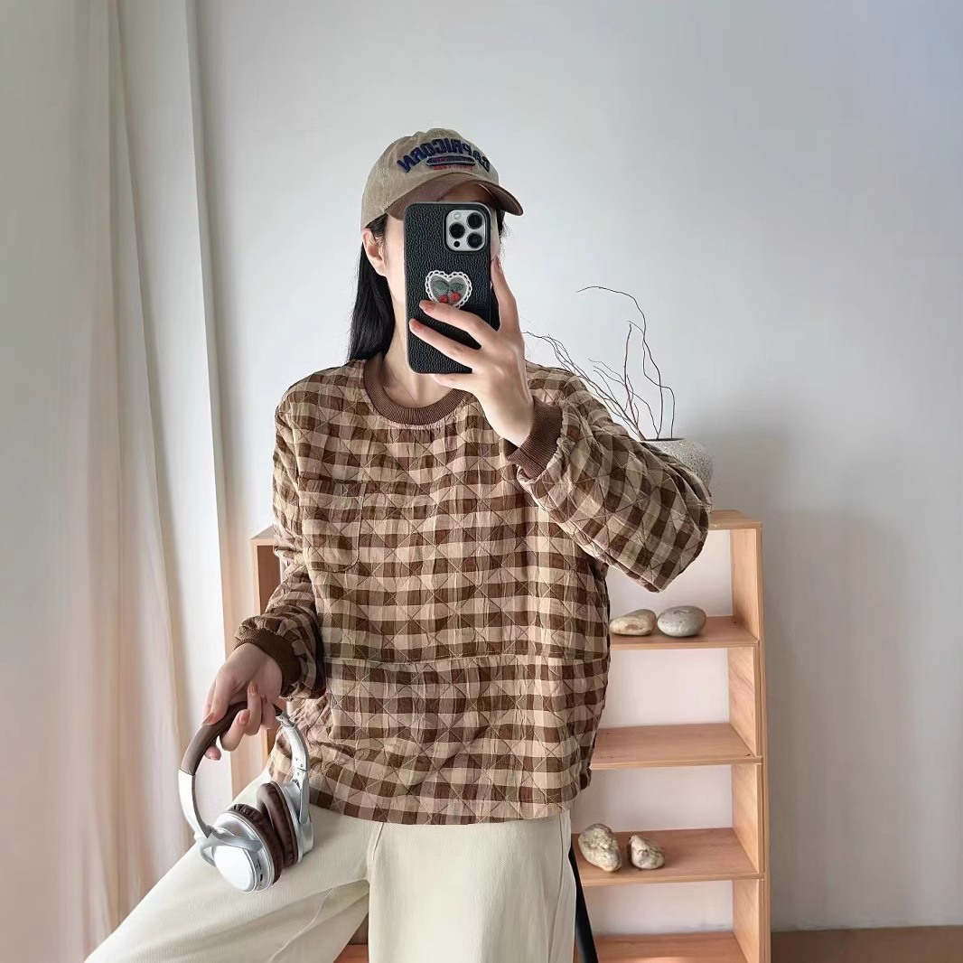 (2개) 새로운 느슨한 퀼트 다이아몬드 크루 넥 긴팔 캐주얼 올 매치 얇은 코튼 패딩 풀오버 코트 여성