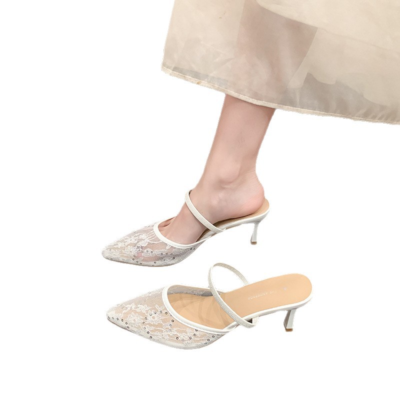 Sandalias de Tacón Fino con Punta de Tela de Malla para Verano