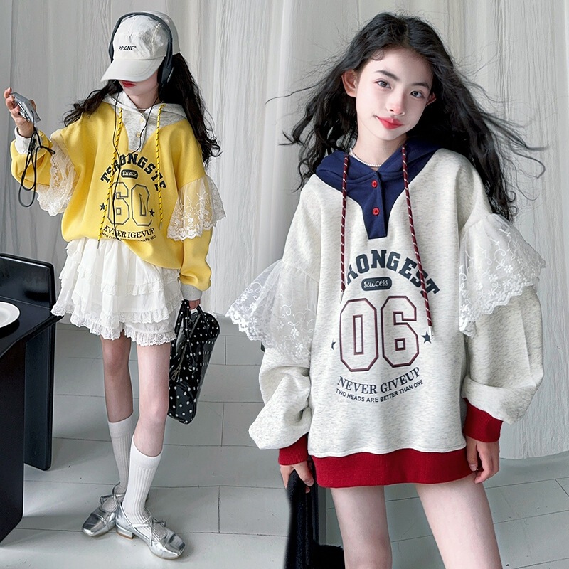 Girls' Hooded Sweatshirt Spring and Autumn 2025 New American-Style Top for Children, Big Girls' Autumn Lace Trim Pullover Girls' Hooded Sweatshirt Spring and Autumn 2025 New American-Style Top for Children, Big Girls' Autumn Lace Trim Pullover