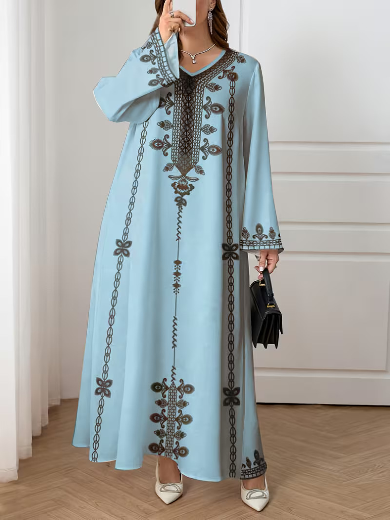 Middle Eastern Cross-border Muslim Women's V-neck Printed Loose Elegant Robe Ethnic Style Long-sleeved Dress Custom-made_ecoleips.com
