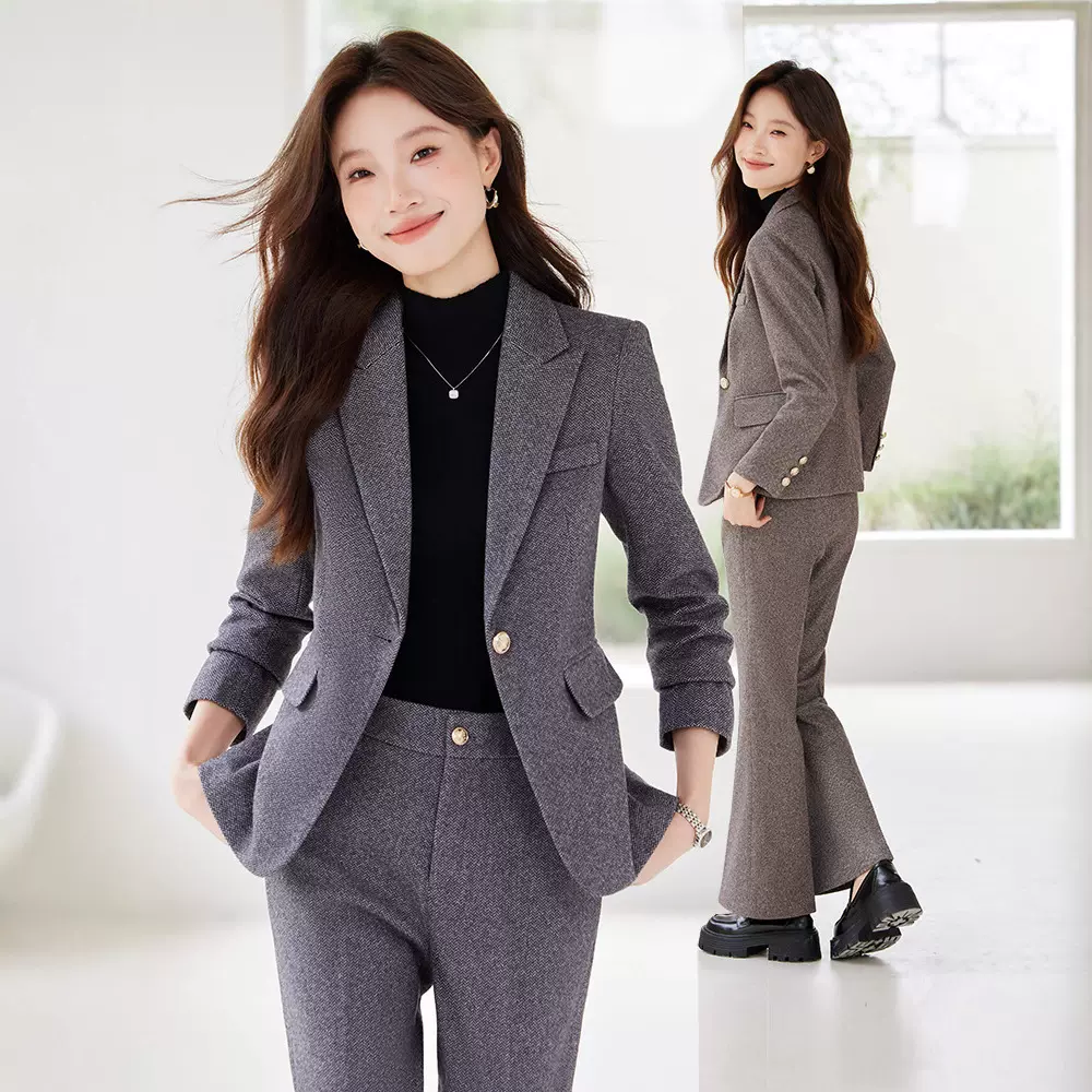 灰色长袖职业休闲西装外套女裤子两件套装2025年秋冬季新款通勤潮