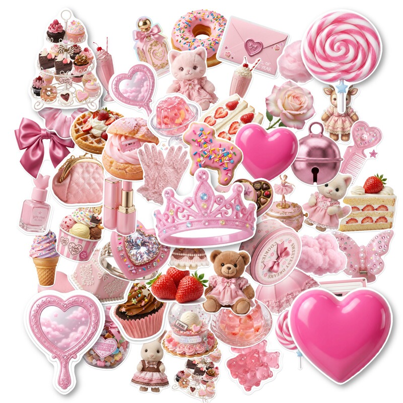 Cross-Border New Style 50 Pink Girly Heart Stickers Creative Sweet Girl Doll Dessert Cute Animal Waterproof Stickers